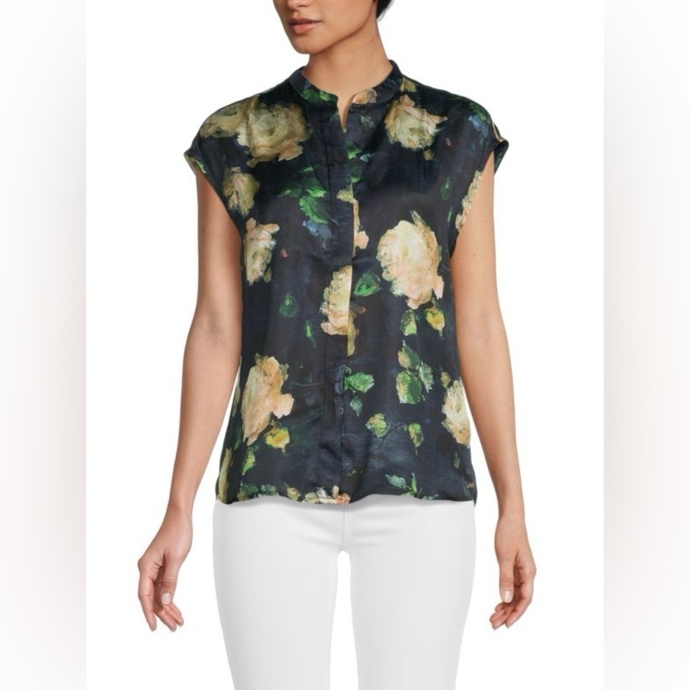 Elie Elie Tahari Floral Mandarin Collar Shirt Size Small